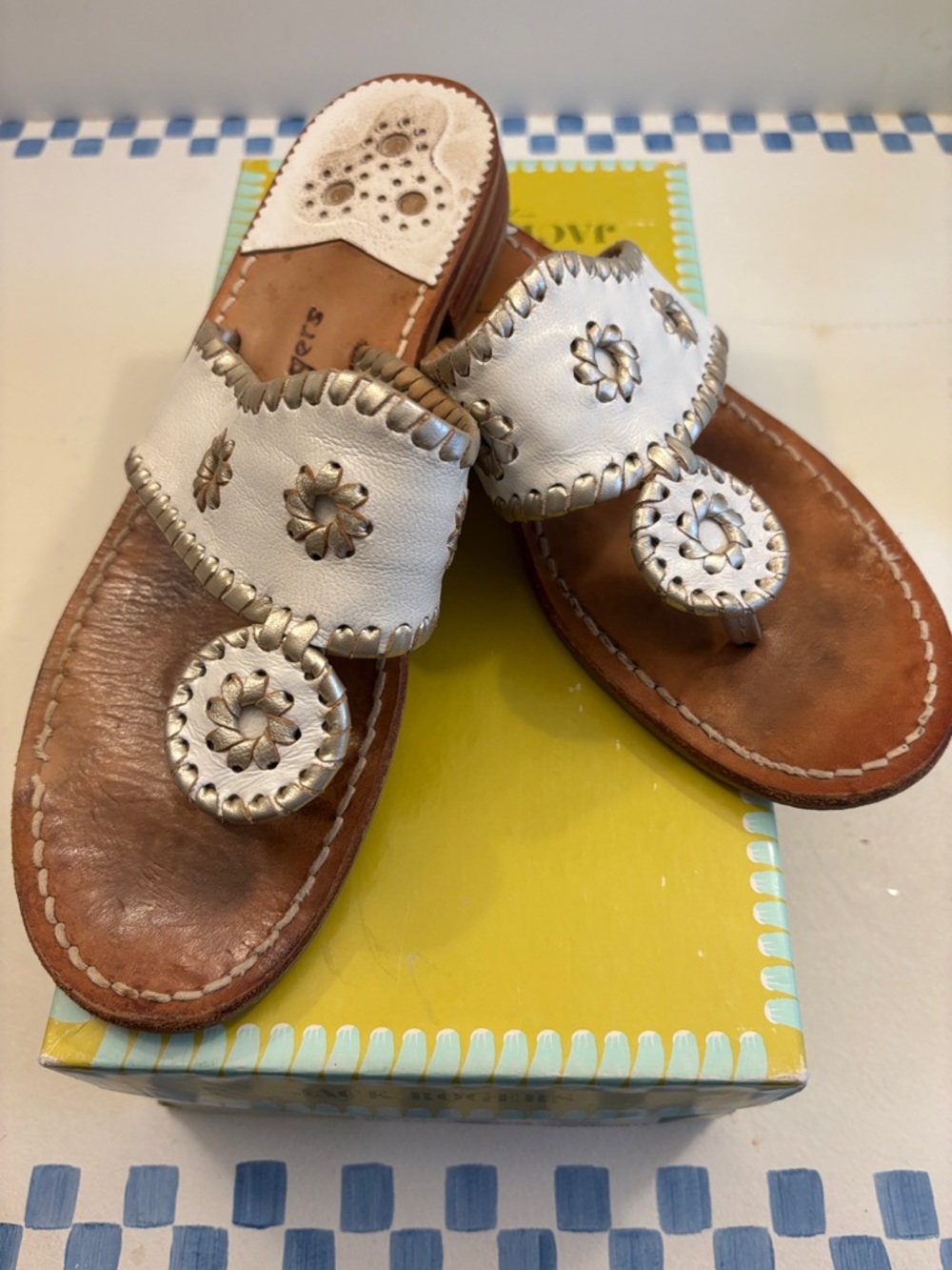 Jack Rogers White Leather Floral Medallion Slide Sandals with Tan Footbed